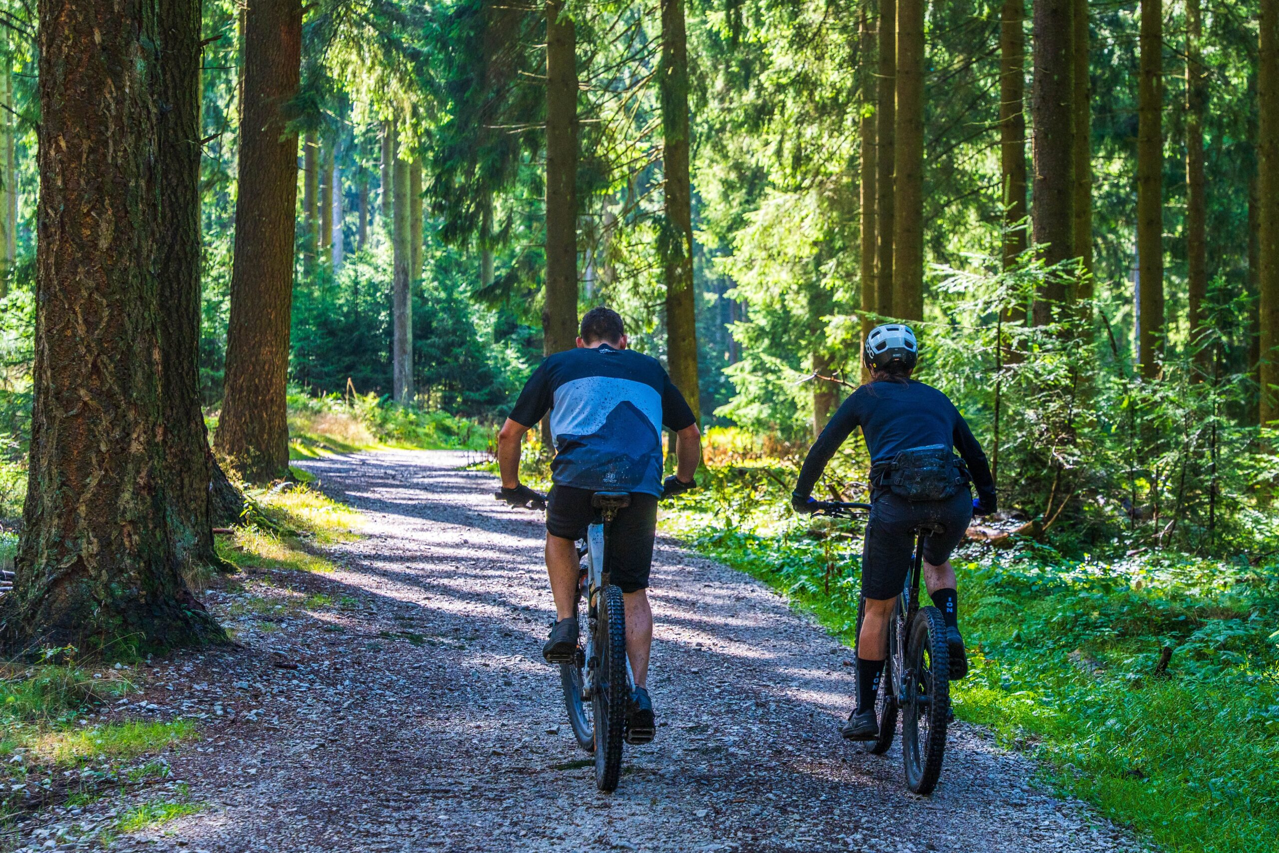 Activitats Two cyclists riding mountain bikes along a scenic forest trail on a sunny day.