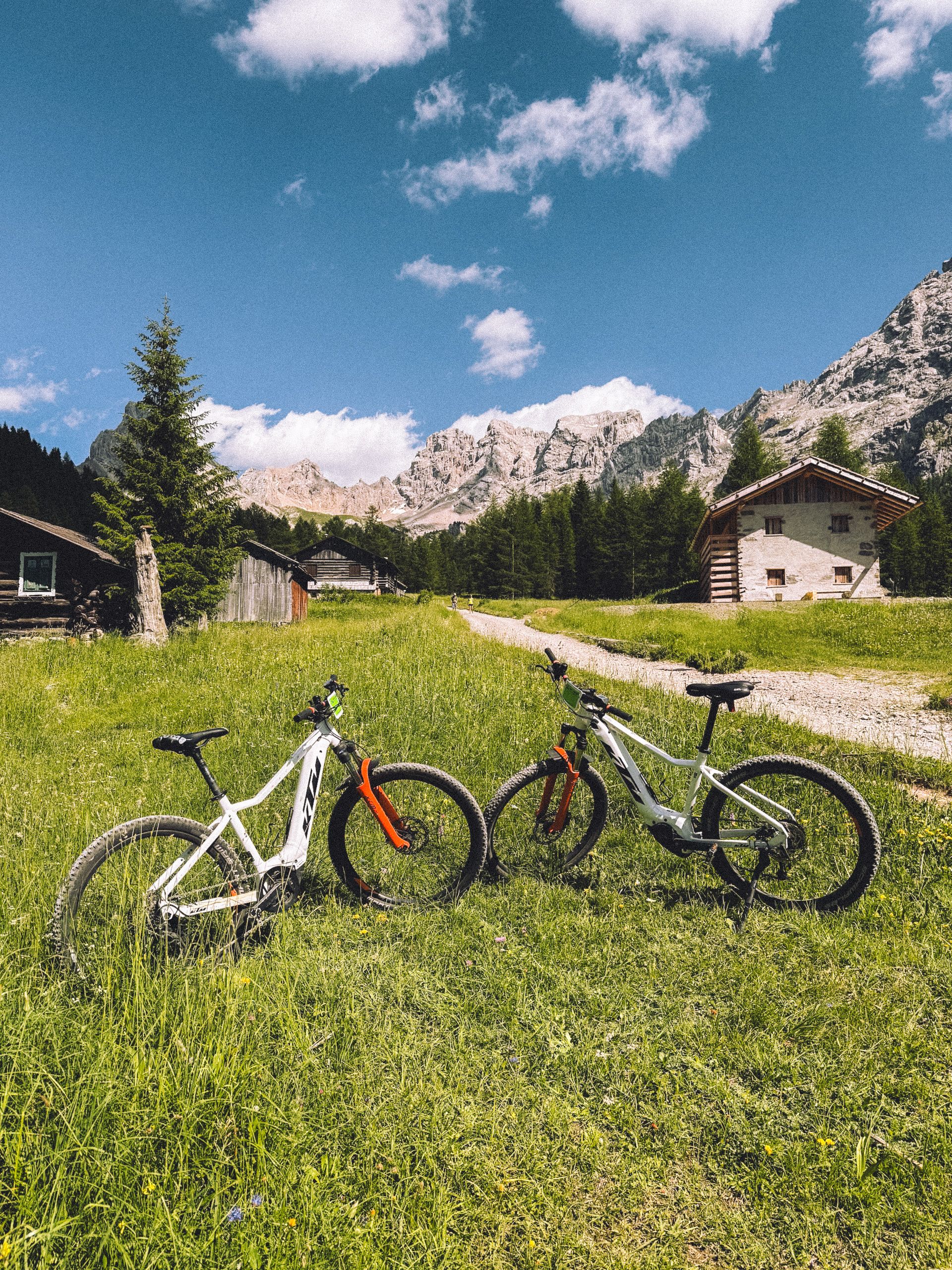 Activitats Two mountain bikes resting in a scenic alpine meadow with mountain backdrop