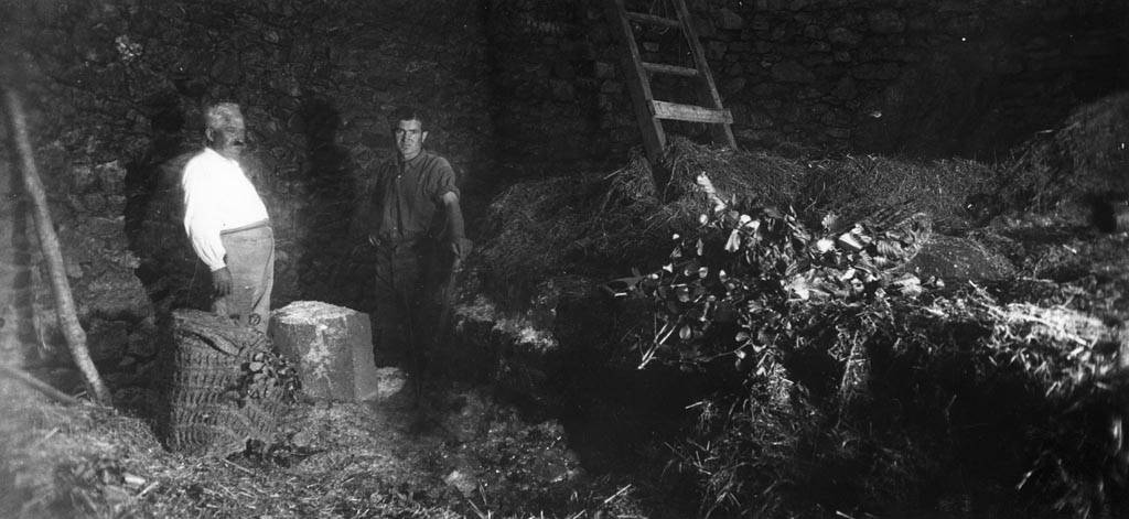 La nostra història Dos homes extreuen gel dins d'un pou de l'Avencó, 1931